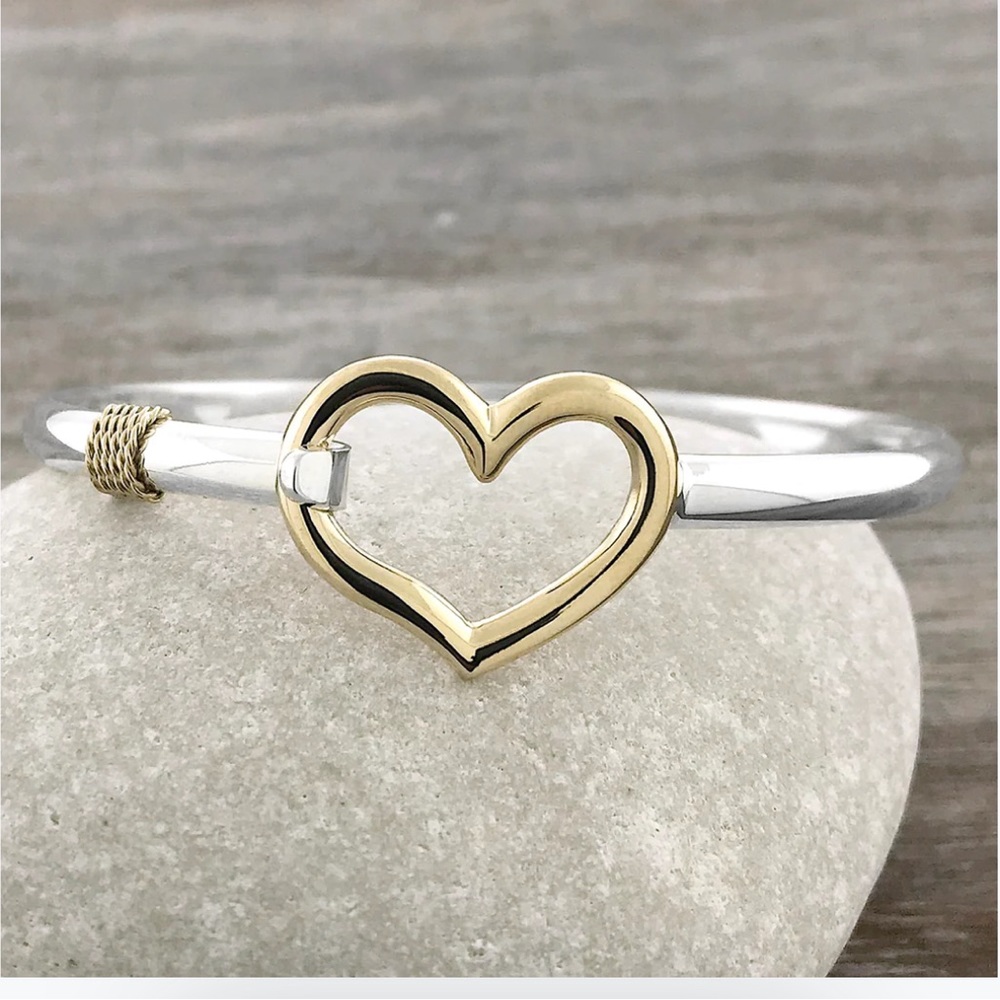 Sterling silver with 14k gold heart clasp bangle bracelet
